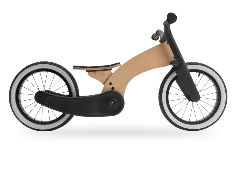 retro wooden and black recycled plastic balance bike