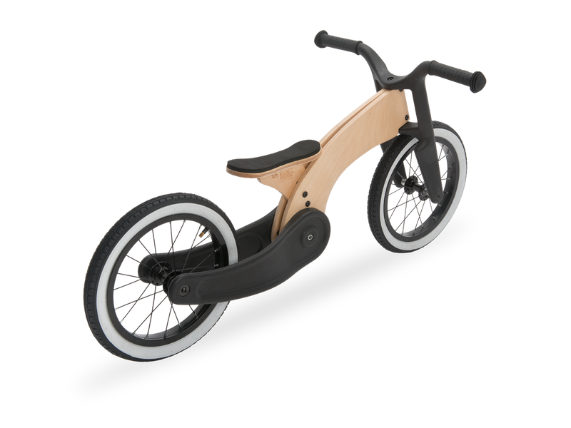 retro wooden and black recycled plastic balance bike